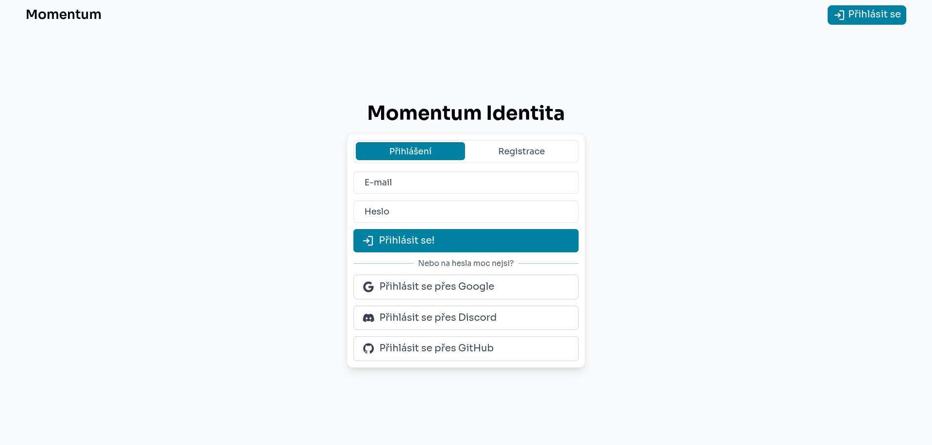 Screenshot přihlašovací stránky aplikace Momentum